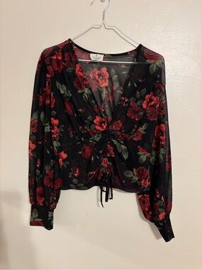 Ember Floral Mesh Ruched Drawstring Top Black Red Roses L